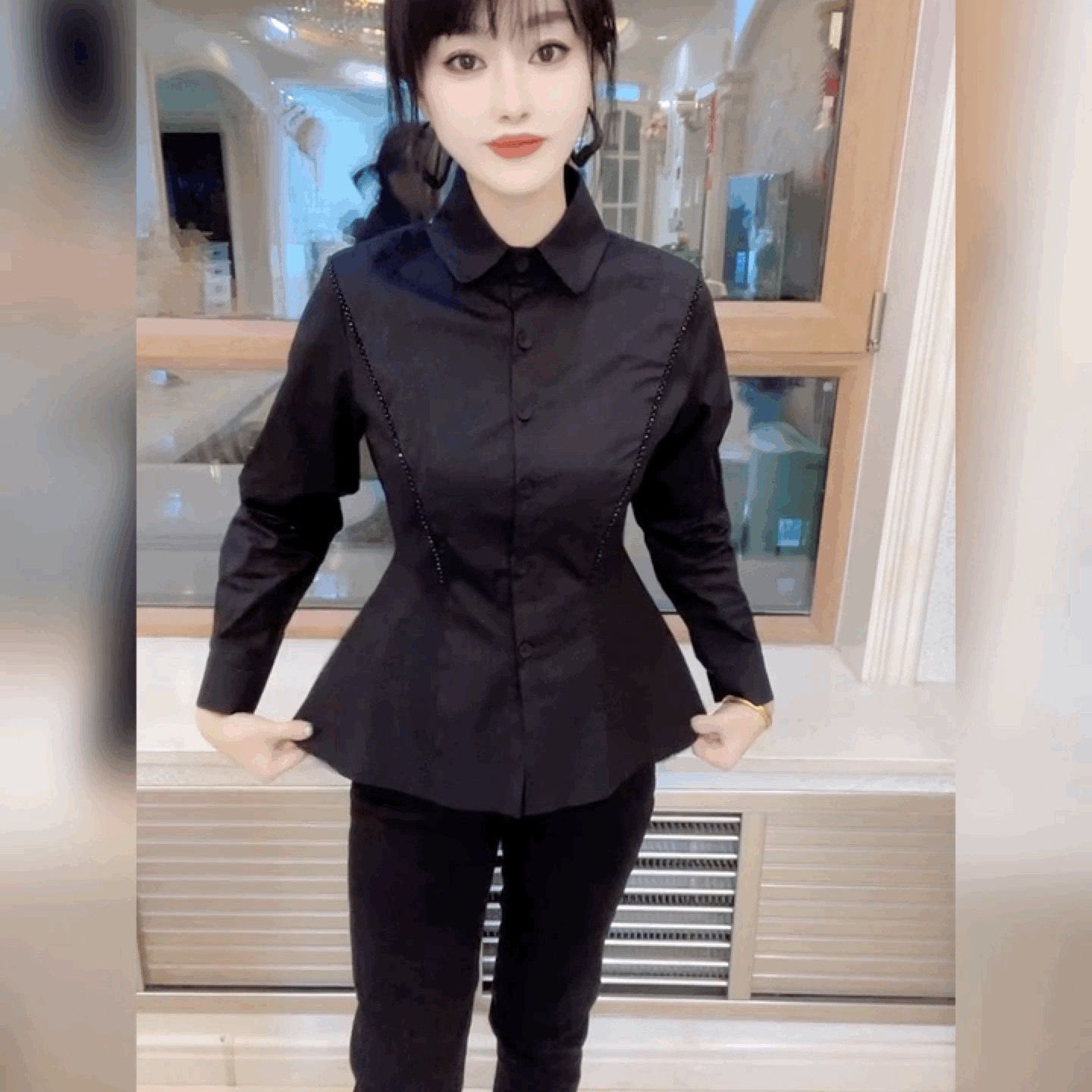 重工钉珠时尚翻领长袖衬衫女