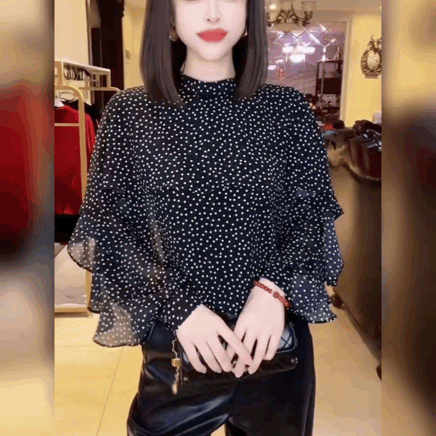 复古波点雪纺衬衫女长袖荷叶边圆领法式黑色上衣宽松T恤打底衫潮