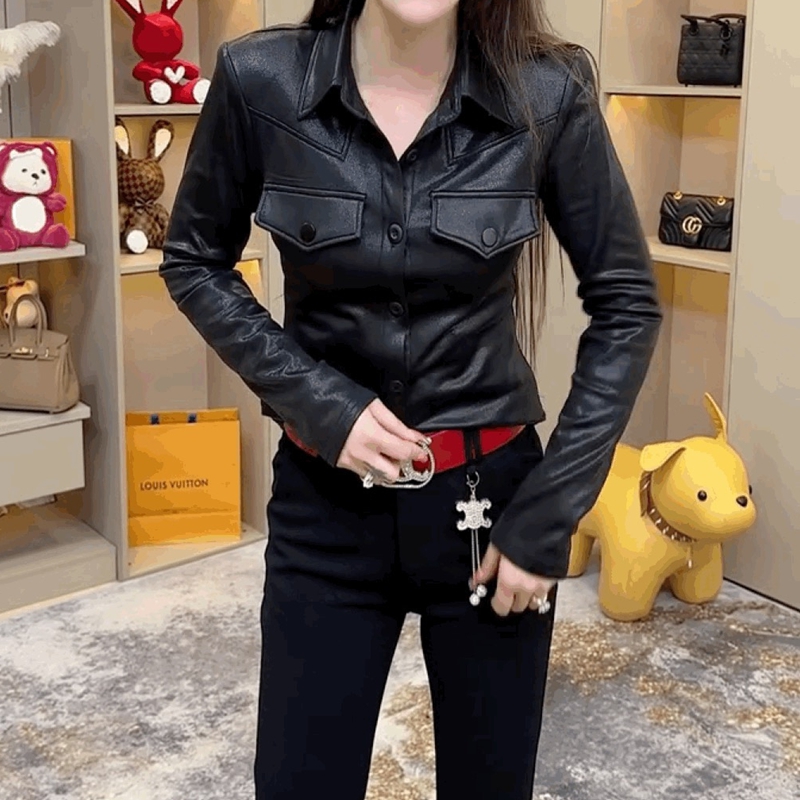 法式气质蛋白皮PU皮衬衫女POLO领长袖黑色上衣修身显瘦时尚打底衫