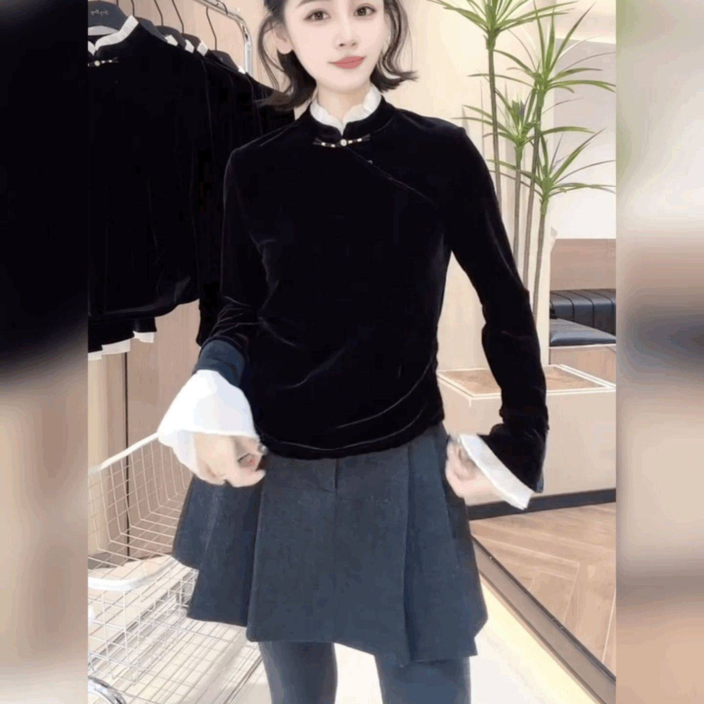 盘扣喇叭袖打底衫新中式立领法式黑色上衣丝绒拼接雪纺T恤衬衫女