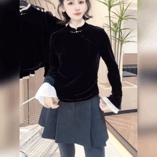 盘扣喇叭袖打底衫新中式立领法式黑色上衣丝绒拼接雪纺T恤衬衫女