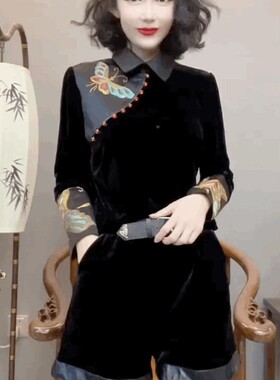 中式国风复古翻领金丝绒T恤女