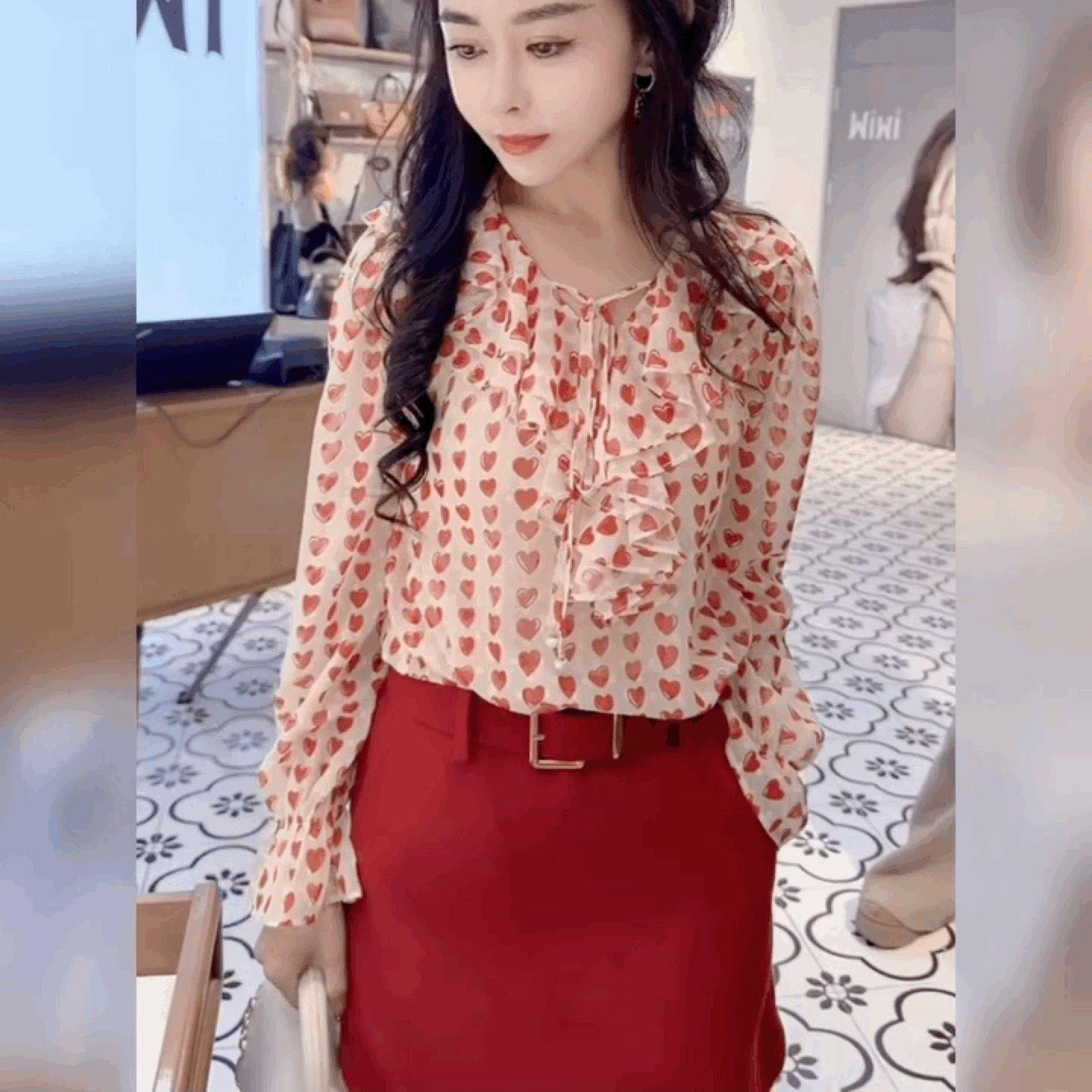 荷叶边宽松桃心雪纺衬衫女V领减龄灯笼袖法式上衣轻奢名媛打底衫