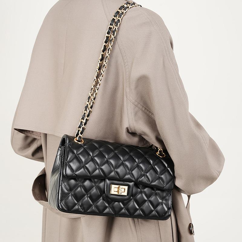 头层牛皮包包女链条小香风时尚高级菱格包单肩斜挎女包真皮小方包