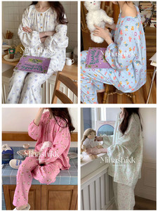 韩版全棉双层纱布棉纱睡衣女四季宽松卡通甜美纯棉家居服套装春秋