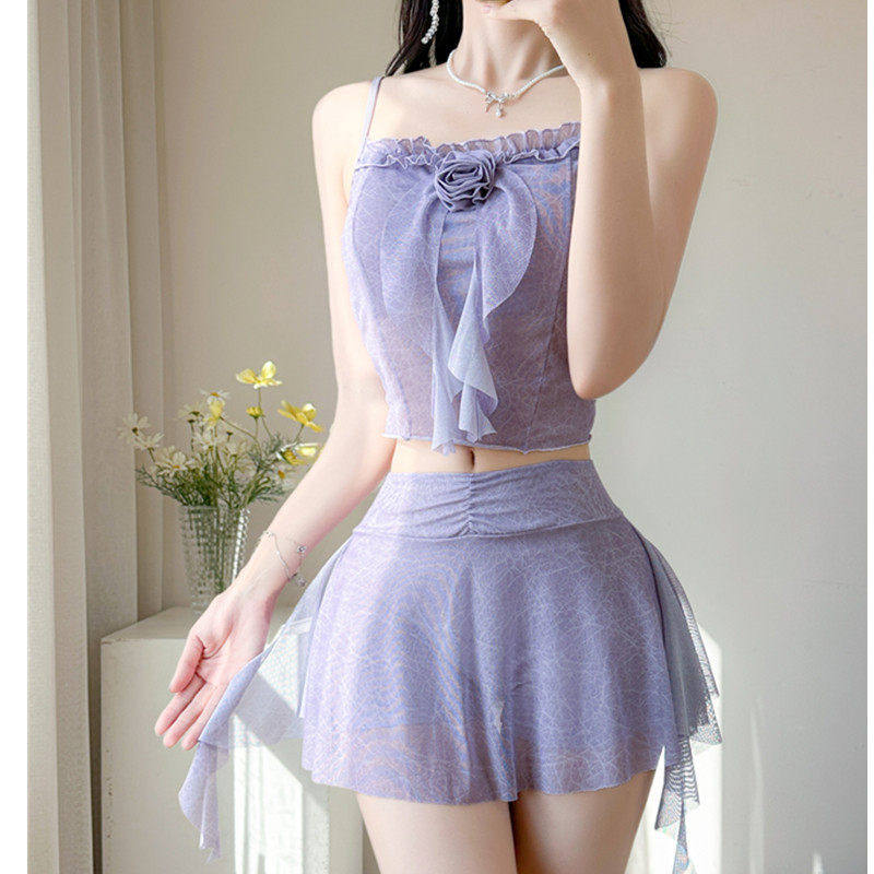 紫色网纱分体泳衣女纯欲吊带抹胸裙式遮肉显瘦泡温泉海边度假出片