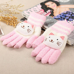 手套女士冬季新款露指加厚保暖大童可爱学生防寒毛线分指触屏手套