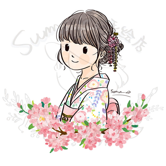 summer的手绘店q版头像清新萌定制设计插画卡通形象和服生日婚礼