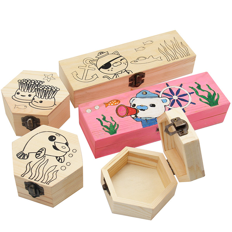 木质六边形收纳盒文具盒卡通图案款儿童diy绘画上色涂鸦益智手工