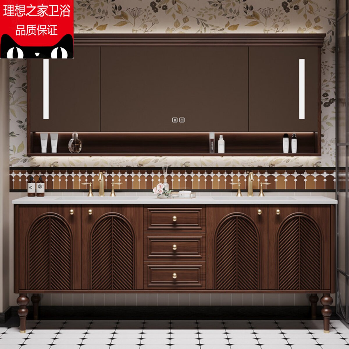 法式复古橡木浴室柜组合双盆落地陶瓷一体盆洗漱台洗脸洗手盆美式