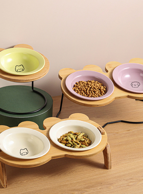 宠物用品陶瓷猫狗碗双碗双食盆带架子高脚斜口湿粮碗碟日韩猫碗