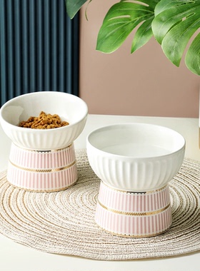 轻奢风陶瓷猫粮碗水碗高脚碗点心碗好看的斜口猫碗