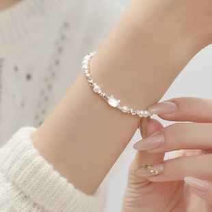 纯银猫咪碎银子几两手链女轻奢小众精致高级感珍珠手串送女友礼物