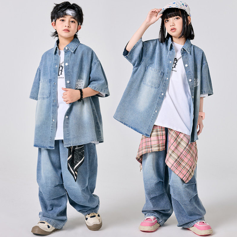 hiphop童装牛仔服套装新款