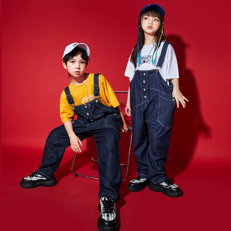 儿童背带裤演出服2022新款潮服牛仔裤子嘻哈童装男童女童街舞套装