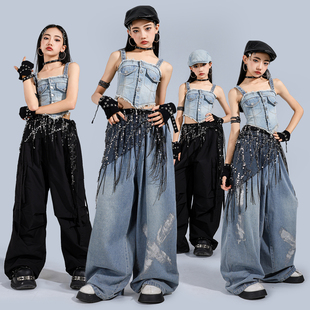 女童爵士舞服装 街舞舞蹈潮服少儿童演出服夏 女孩潮酷牛仔背心套装