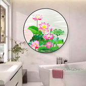 荷花鲤鱼图莲花贴画卫生间净秽荷花图圆形玄关自贴九鱼招财墙壁画