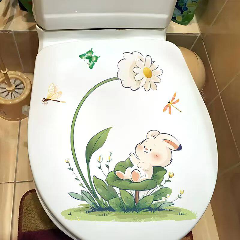 可爱卡通兔子马桶贴画卫生间浴室厕所坐便器装饰防水冲厕所提示贴