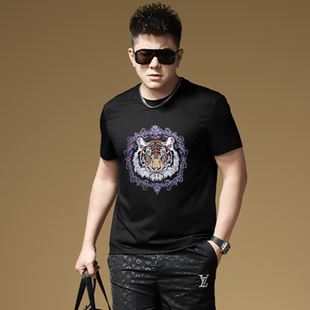 设计感短袖男款t恤2025夏季潮流老虎头刺绣圆领修身半袖男装上衣
