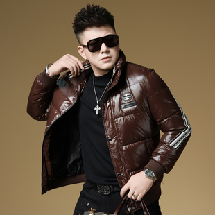 高端潮牌加厚白鸭绒亮面男士羽绒服冬季新款修身立领短款保暖外套