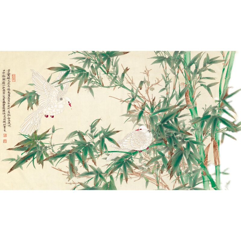 雪鸠碧筠图工笔竹子长青图国画水墨山水画书法字画横幅微喷宣纸画