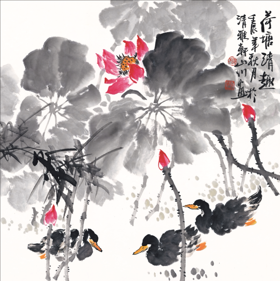 写意斗方荷花鸭子花鸟无框宣纸画国画水墨山水家居字画微喷高清画