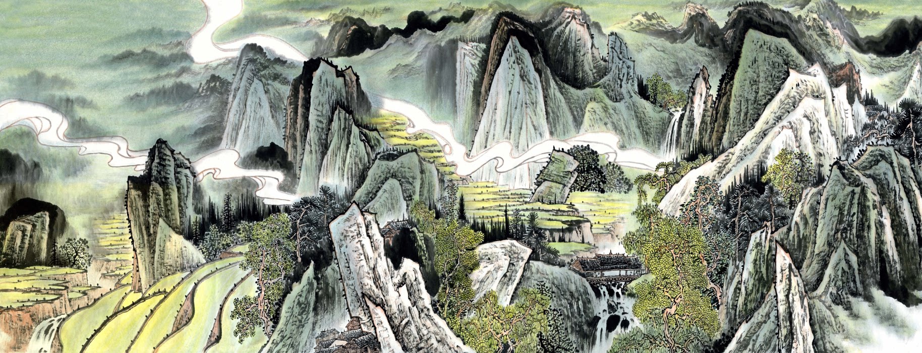 现代客厅聚宝盆国画水墨山水画中式横幅风景挂画高清微喷宣纸画心