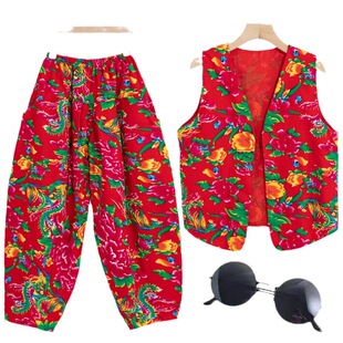 叫一声二奶奶从小卖蒸馍同款舞蹈服东北大花布马甲灯笼裤表演服装