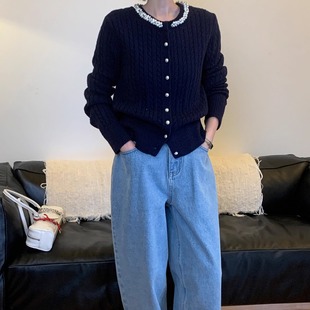 千金高级感针织开衫 法式 小香风上衣 新款 重工钉珠麻花羊毛毛衣冬季