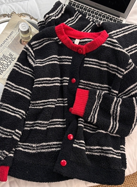 复古条纹撞色休闲针织半边绒睡衣女秋冬季新款大码保暖家居服套装