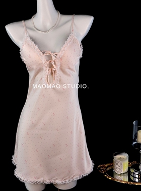 秋日温柔 少女感甜美冰丝睡衣蕾丝纯欲蝴蝶结印花高级感吊带睡裙