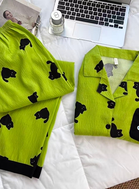 可爱小猫咪清新绿睡衣女春秋季新款云朵棉长袖长袖开衫家居服套装