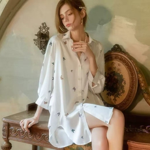 2026新款长袖丝滑缎面高端轻奢男友风衬衫睡衣家居服蝴蝶印花睡裙