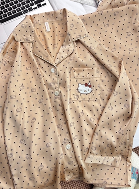 冰丝绸睡衣女春秋季2025新款长袖长裤可爱kitty可外穿家居服套装