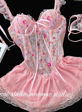 碎花印染甜美吊带睡裙鱼骨显瘦聚拢性感睡衣蕾丝内衣战袍