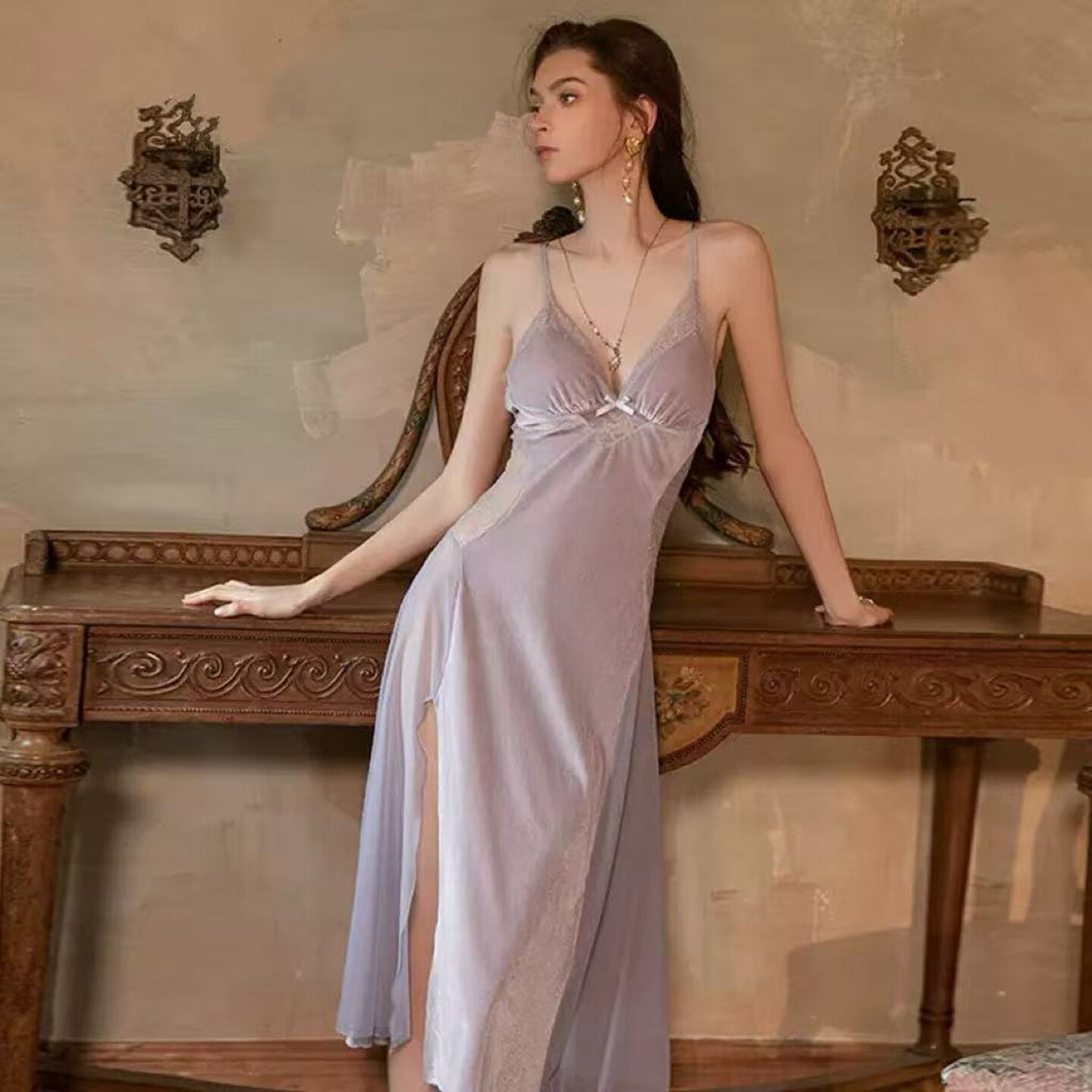 法式性感睡衣女紫色蕾丝长裙高级丝绒交叉露背吊带睡裙纯欲公主风
