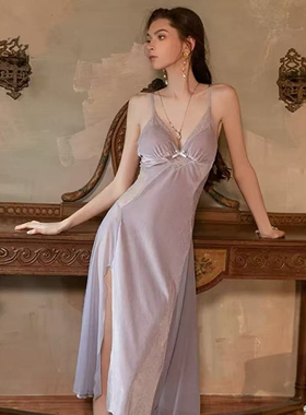 法式性感睡衣女紫色蕾丝长裙高级丝绒交叉露背吊带睡裙纯欲公主风