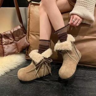 系带流苏女靴 厚底勃肯鞋 贝贝女法式 复古圆头雪地靴女2025秋冬新款