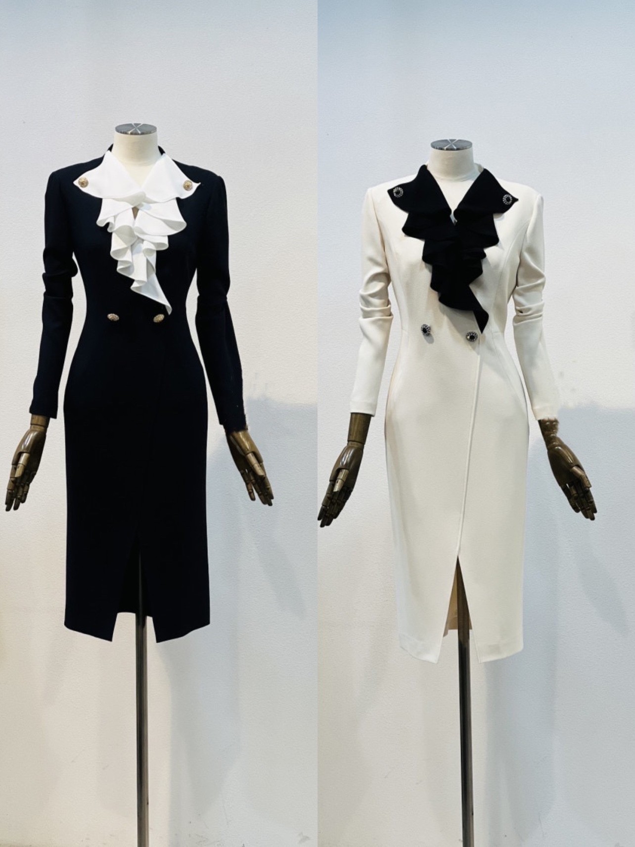 韩国专柜代购MOJO.S.PHINE秋冬奥莱款收腰修身V领气质打底连衣裙