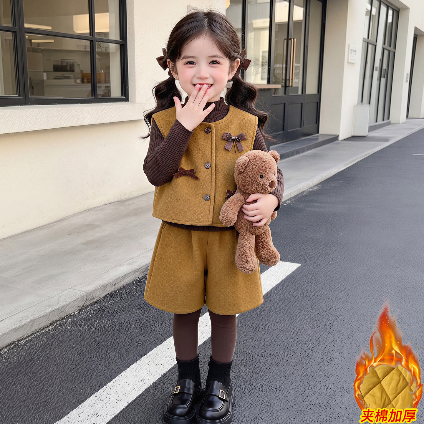 女童秋冬加绒韩系呢马甲三件套潮