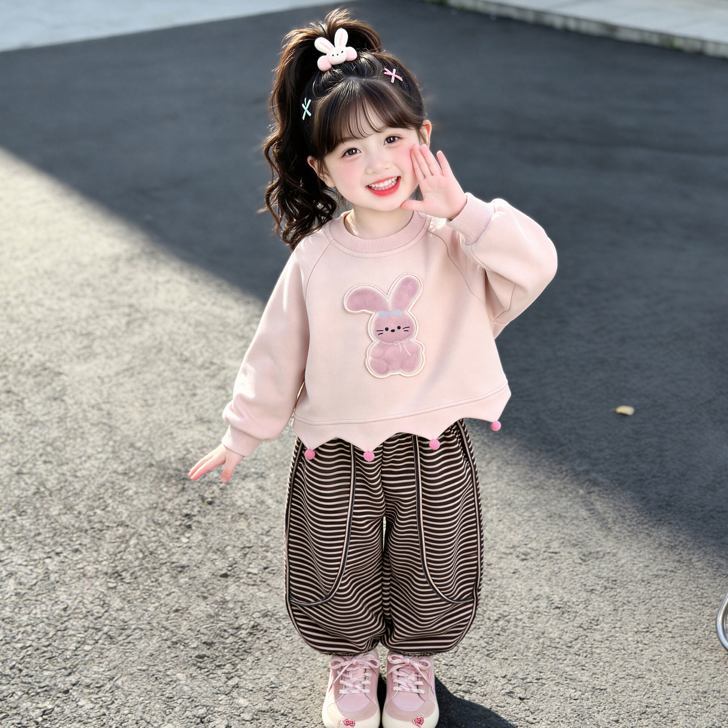 女童冬季加绒卡通兔子卫衣两件套