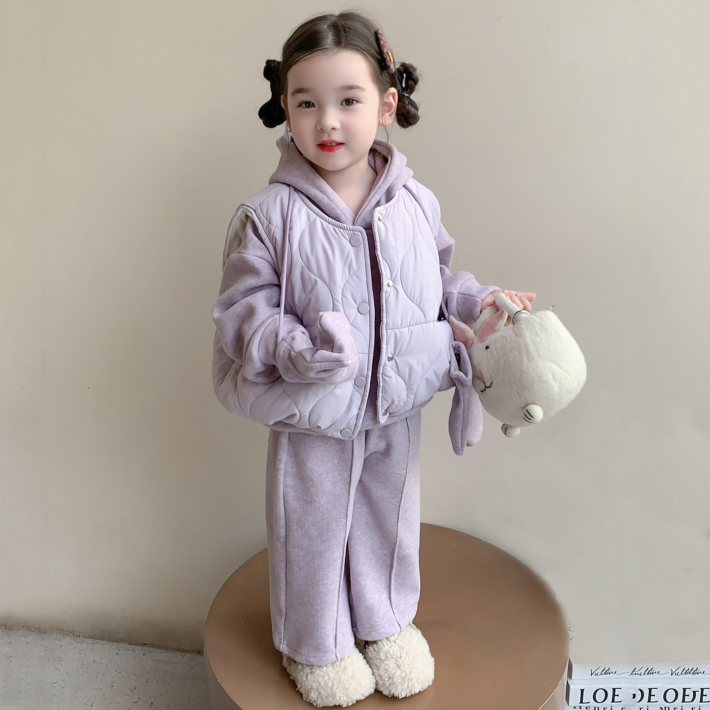 女童冬季加绒加厚卫衣棉袄三件套