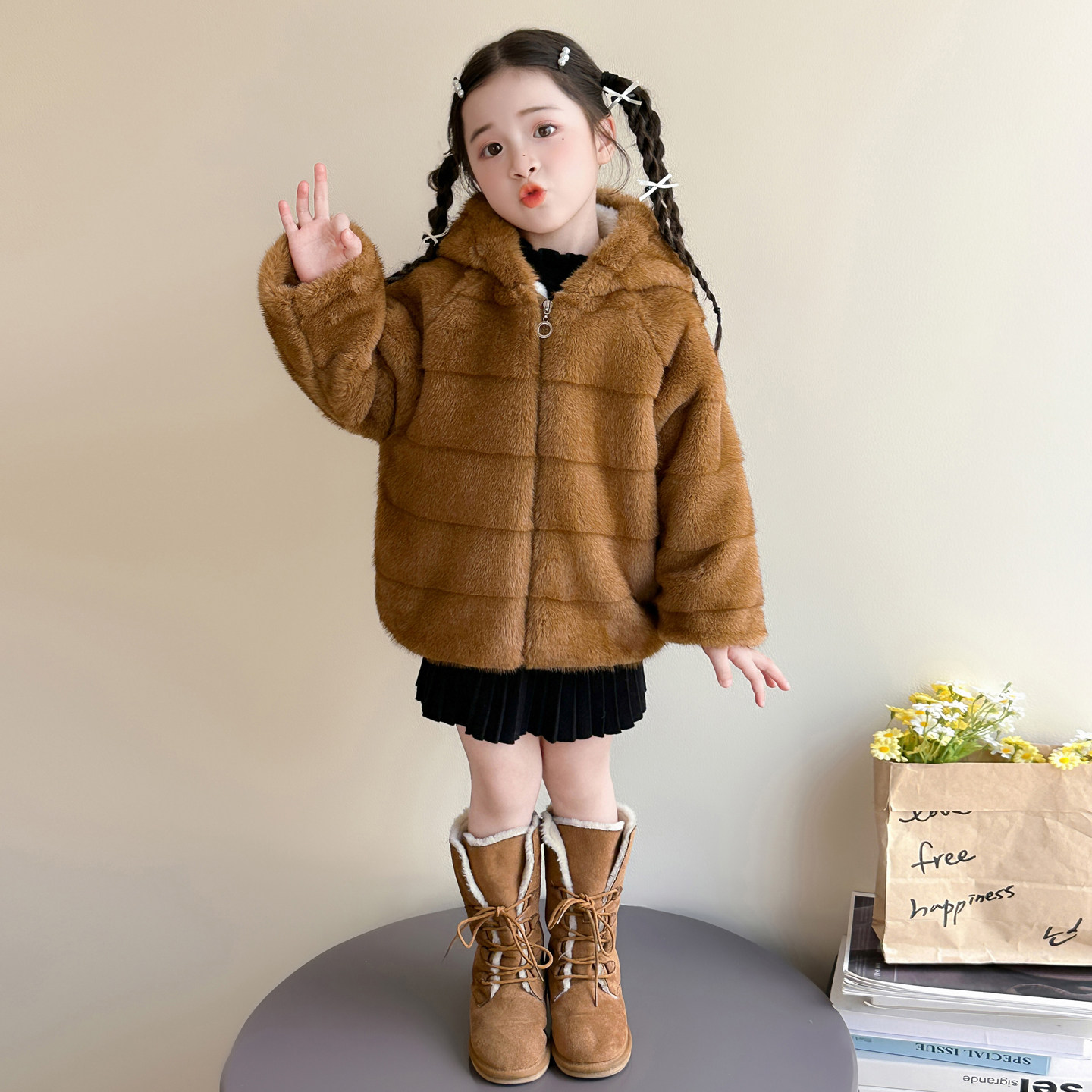 女童2026冬装加绒毛毛外套儿童可爱耳朵连帽棉衣加厚保暖中长款潮
