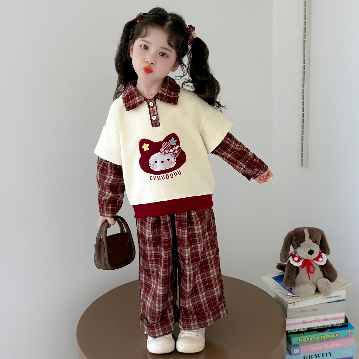 女童春秋洋气假两件卫衣格子裤潮