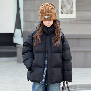 女童羽绒服冬装25新款女孩时髦格子拼接连帽冬季加厚保暖潮品外套