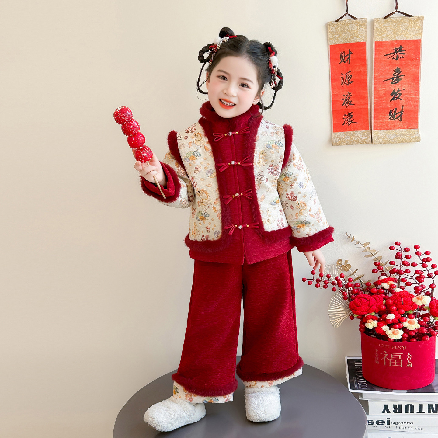 女童2025新款中国风唐装拜年服套装冬季加厚红色过年衣服新年装
