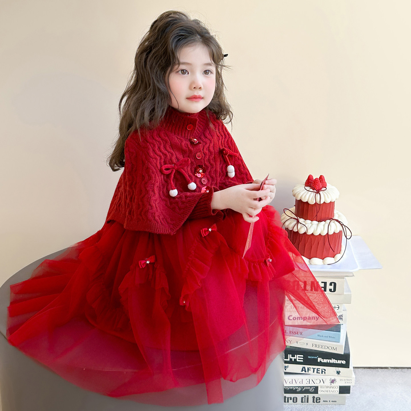 拜年服2026新款红色裙子女孩长裙套装冬装过年加厚女童连衣裙