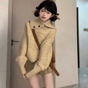秋冬季巨好看韩系穿搭落肩慵懒风高龄设计感宽松针织上衣毛衣女