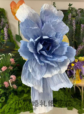 蓝色纸艺花服装店连锁品店定制专拍巨型皱纹纸花装饰舞台道具橱窗