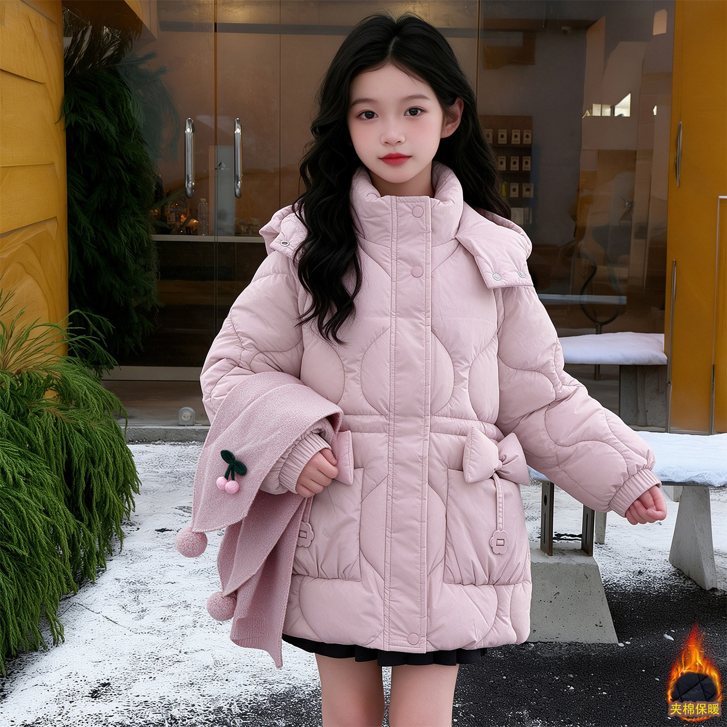 女童冬季加厚连帽显瘦中长棉服